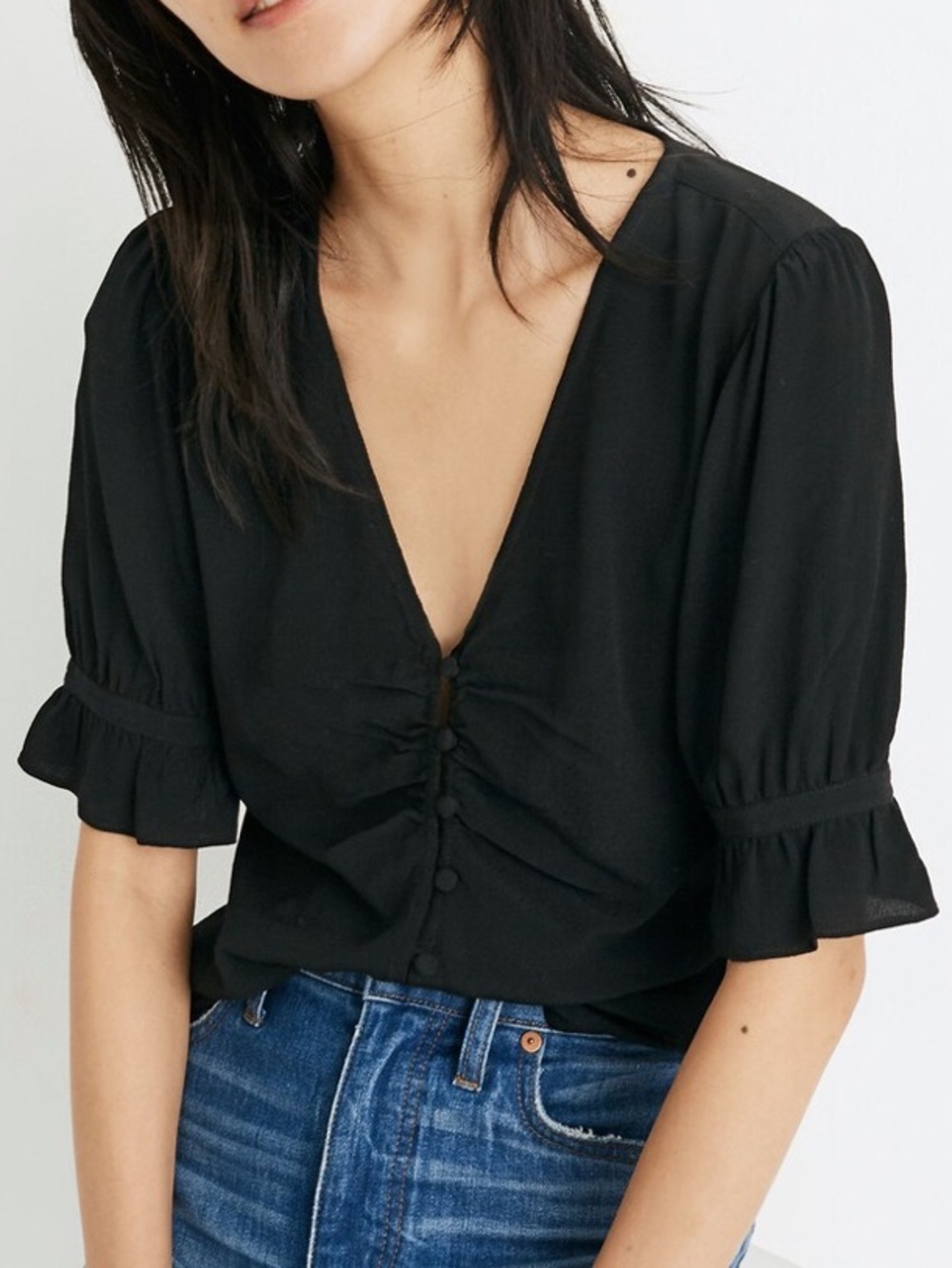 Madewell Black Daylight Top Ruched Button-Front Puff Sleeve Blouse Size 8